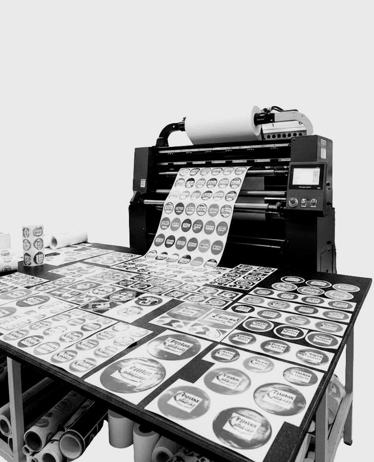 Label printer and sticker-sheet output for self-adhesive product labels and packaging